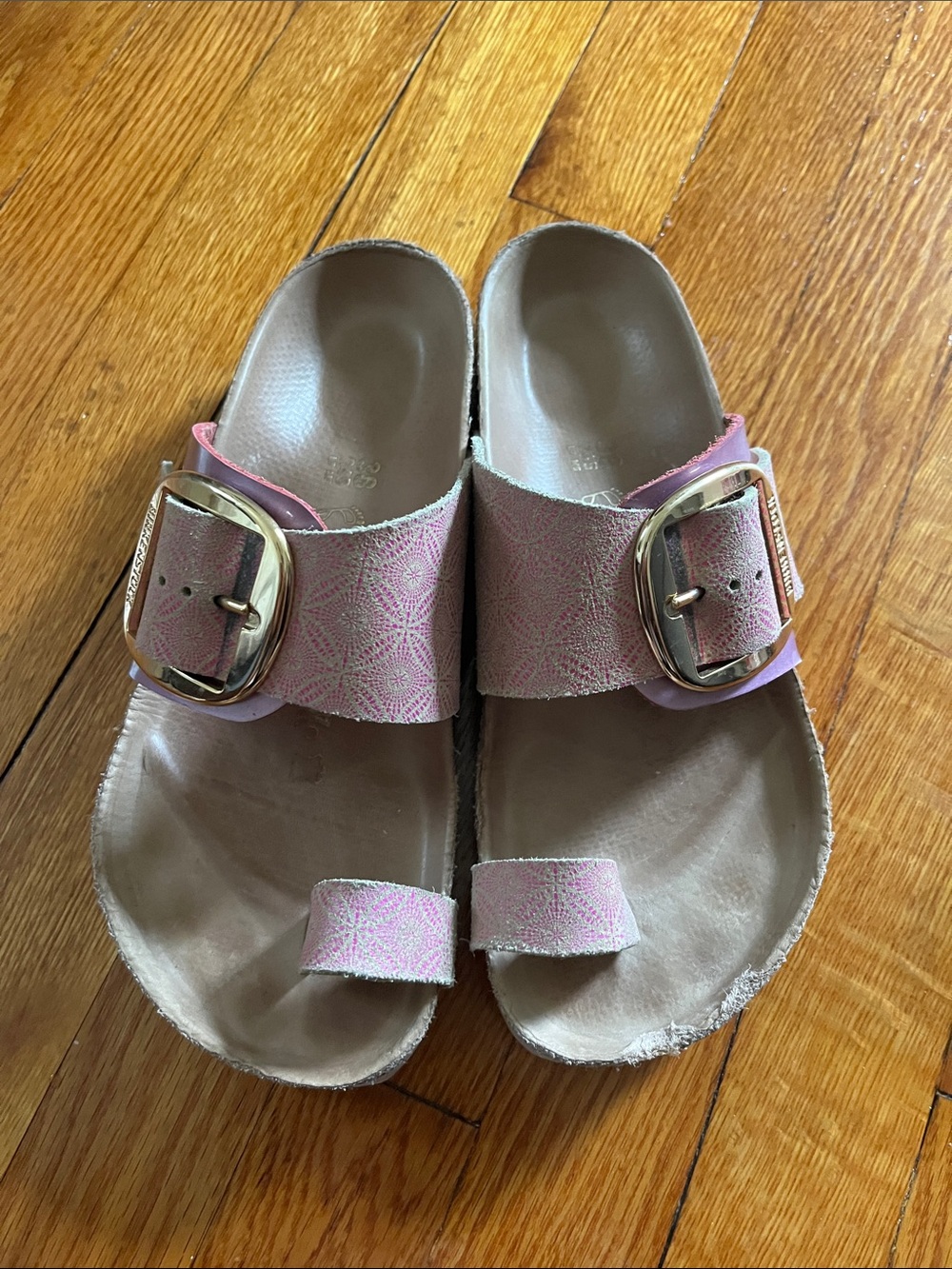 Pink Buckle Toe-Loop Birkenstock Slides with Gold Hardware